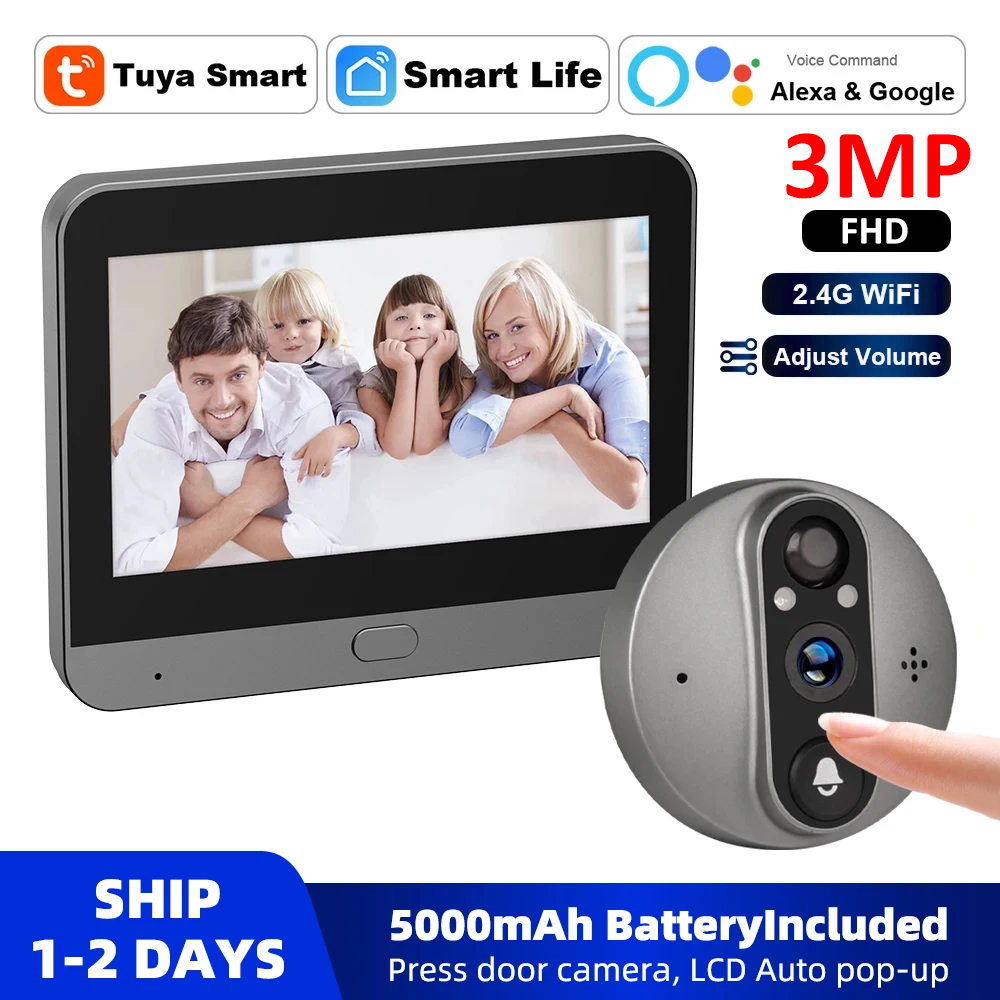 Smart Home Video Doorbell - 3MP WiFi Smart Tuya Peephole 5000mAh
